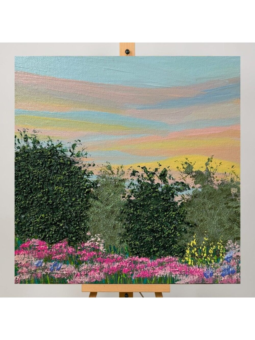 Morning Meadow Acrylic Painting Sunrise Landscape 8"x8" Original Signed Artwork